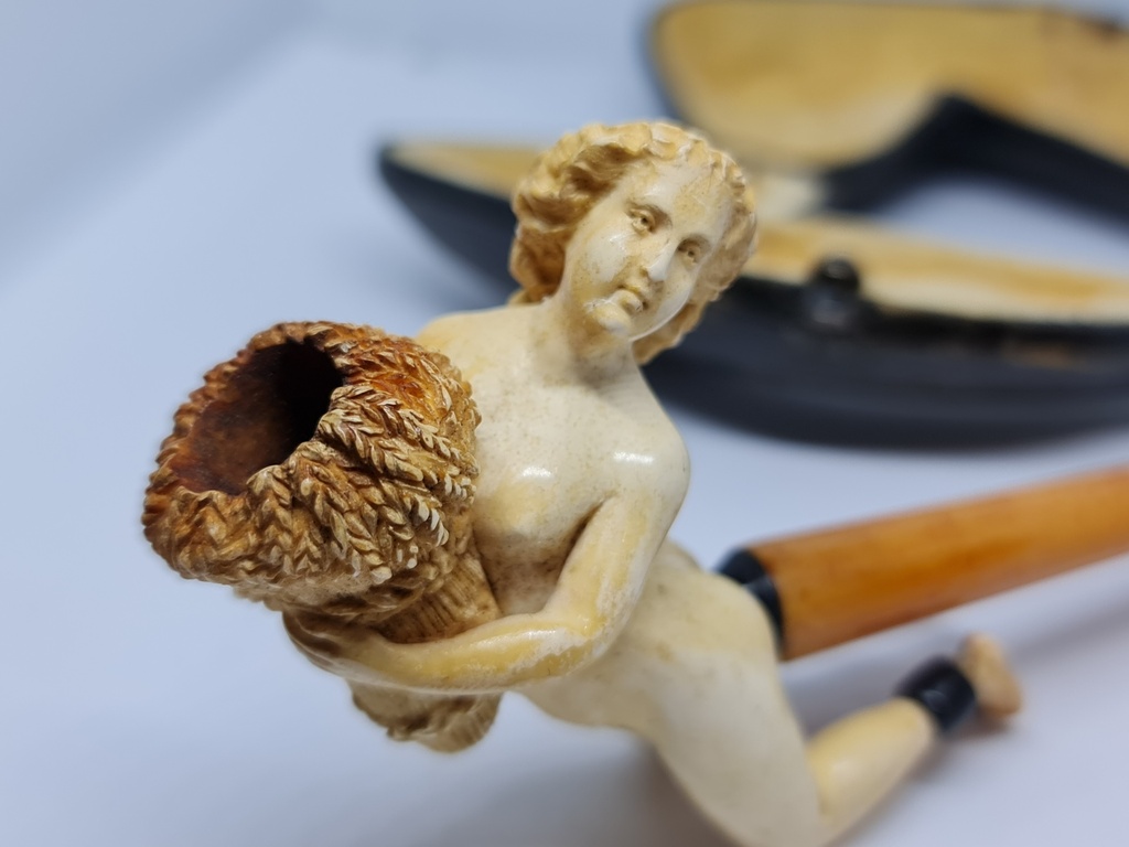 19th C. Large Meerschaum & Amber Cigarette Holder "Nude Holding Stack Of Straw"