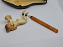 19th C. Large Meerschaum & Amber Cigarette Holder "Nude Holding Stack Of Straw"