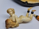 19th C. Large Meerschaum & Amber Cigarette Holder "Nude Holding Stack Of Straw"