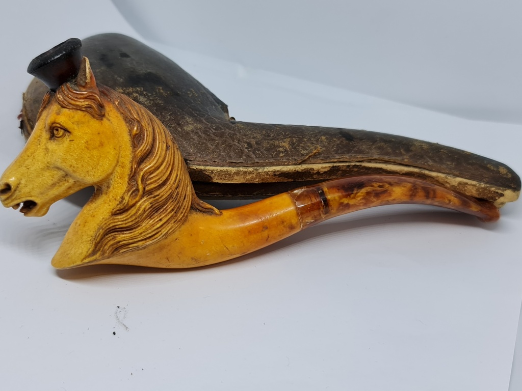 Vintage 19th.C. Large Meerschaum & Amber Tobacco Pipe/Cigarette Holder "Horse"