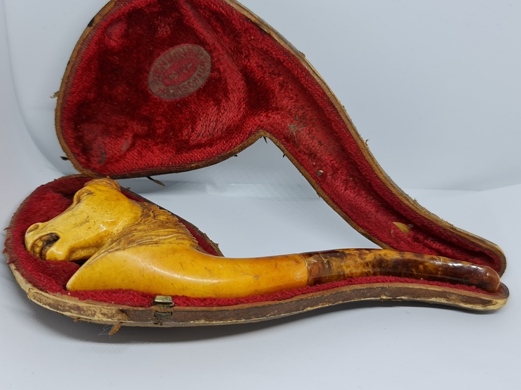 Vintage 19th.C. Large Meerschaum & Amber Tobacco Pipe/Cigarette Holder "Horse"