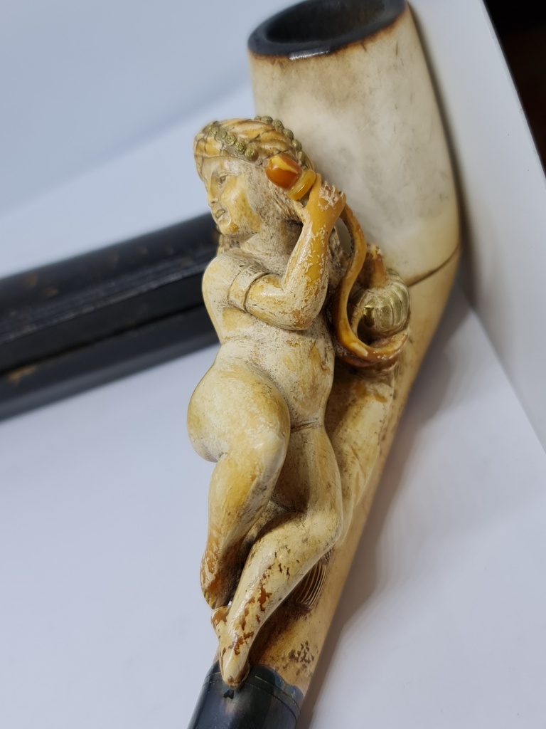 Antique Huge Ottoman Meerschaum & Cherry Amber Faturan & Baltic Amber Pipe "Woman With Hookah" with Diamond Stone