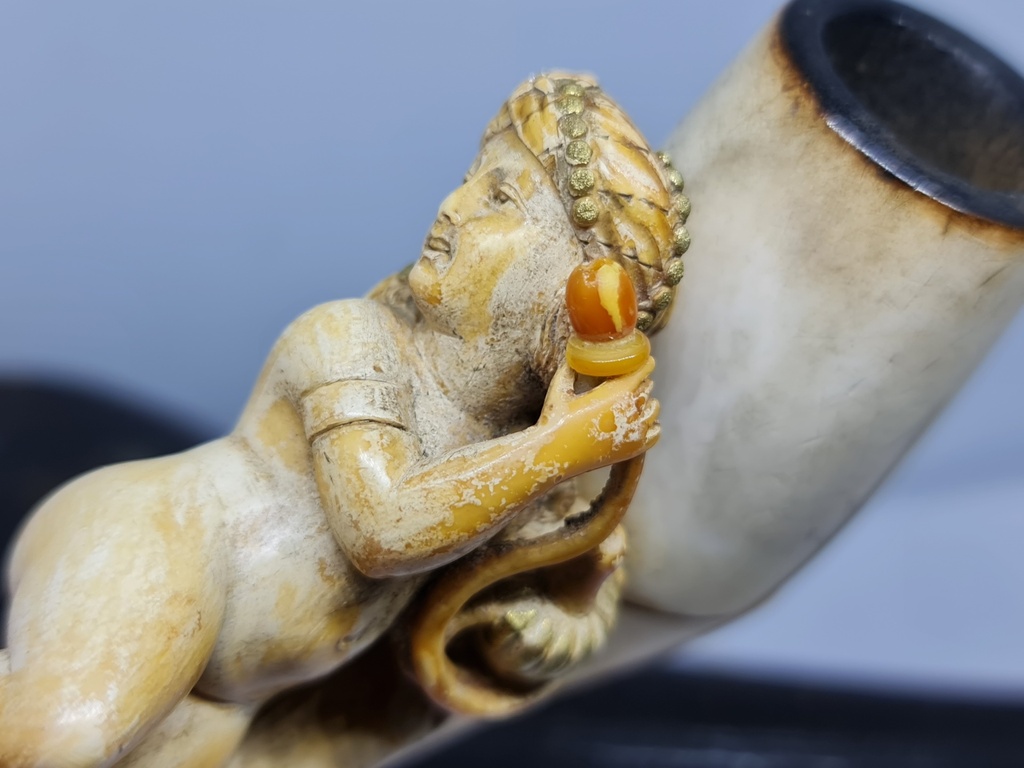 Antique Huge Ottoman Meerschaum & Cherry Amber Faturan & Baltic Amber Pipe "Woman With Hookah" with Diamond Stone