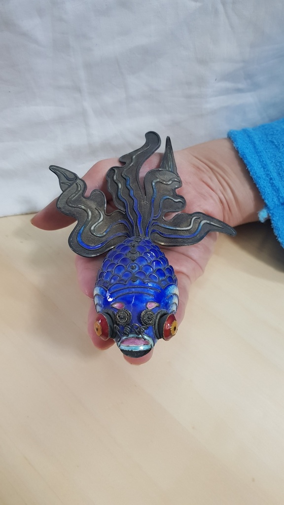 XLarge VINTAGE CHINESE ASIAN ARTICULATED SILVER BLUE CLOISONNE ENAMEL KOI FISH