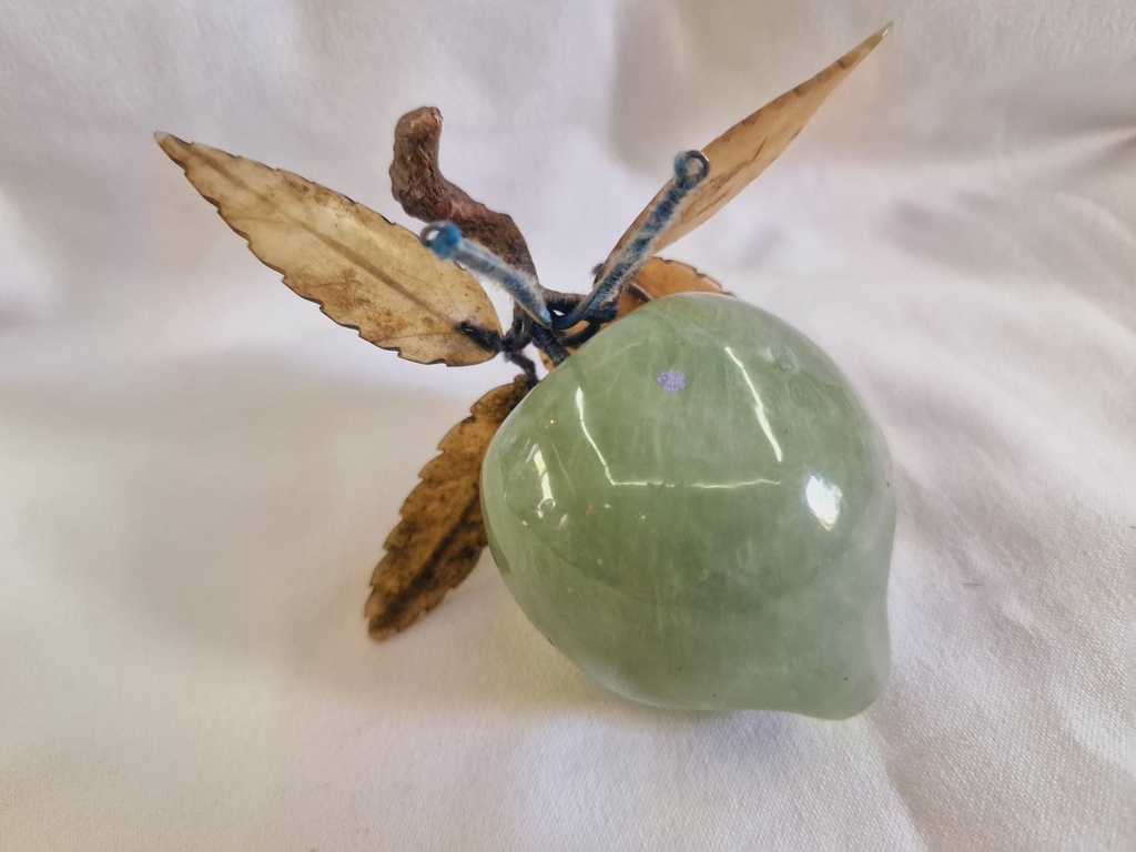 Vintage Chinese Jade fruit plum with Carved Jade  yellow Leaves