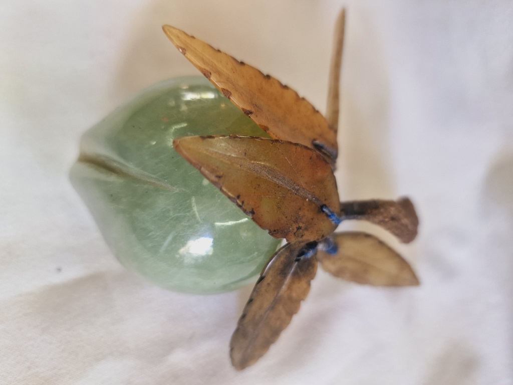 Vintage Chinese Jade fruit plum with Carved Jade  yellow Leaves