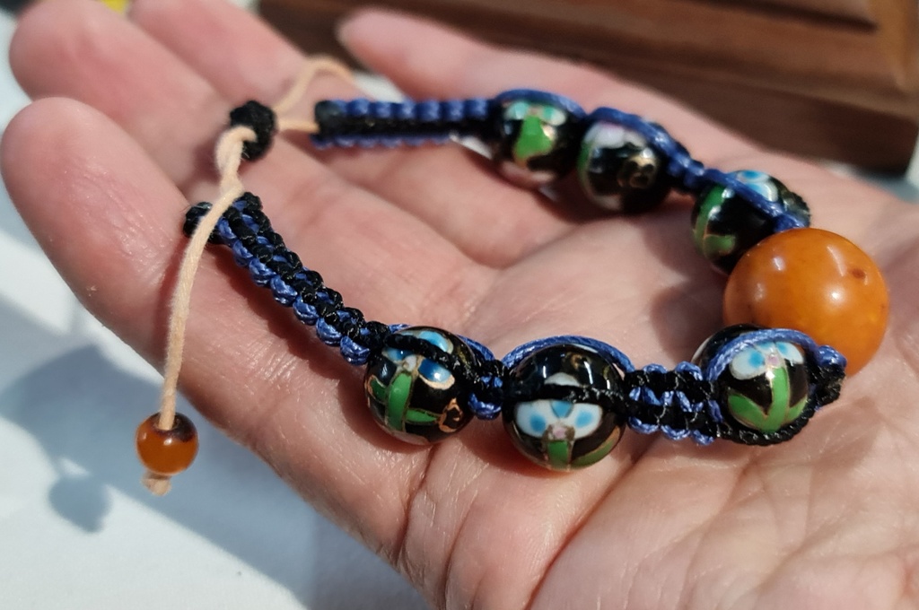 Natural Baltic amber with Chinese cloisonne beads Shamballa Bracelet .