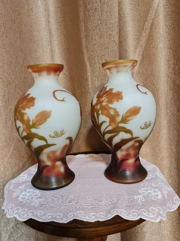 Pair of Glass Vases Emile Galle Style Red Dragonfly on Flower