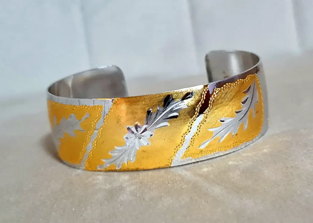 Vintage sterling silver 925 With Goldfields  Carved cuff bracelet