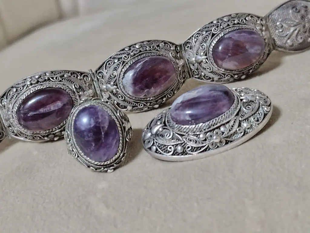 Vintage Chinese silver set bracelet , brooches & ring with amethyst gemstone 1930's