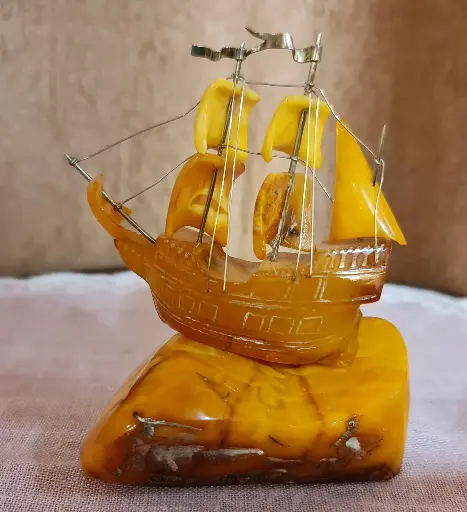 Antique Rare Butterscotch Amber Stone Carved Sailing Ship 137Gr