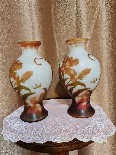 Pair of Glass Vases Emile Galle Style Red Dragonfly on Flower