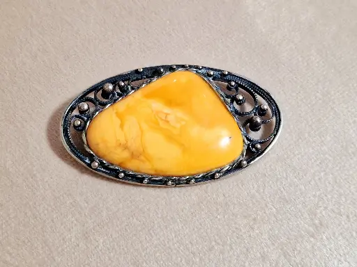 Antique Baltic Amber Egg Yolk Silver Brooch