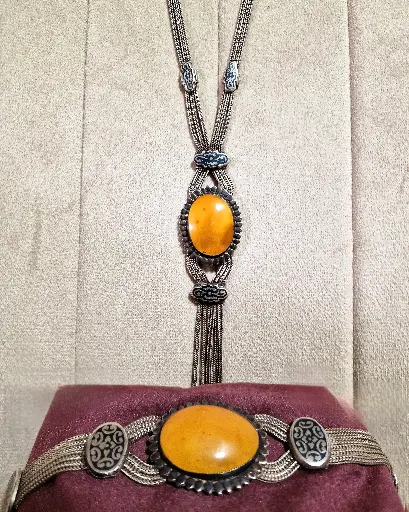 sterling Silver 925 & Baltic amber bead  Necklace Bracelet Niello ,with  enamel