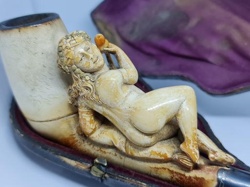 Antique Huge Ottoman Meerschaum & Cherry Amber Faturan & Baltic Amber Pipe "Woman With Hookah" with Diamond Stone